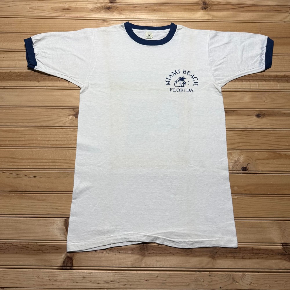 Vintage 60s Miami Beach Tropical Beach Souvenir Ringer T-Shirt Youth Size Medium