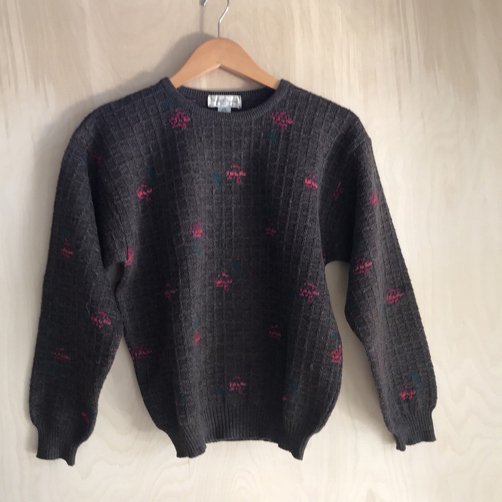 Vintage Women's Tricots St. Raphael Pure New Wool Sweater Brown Floral Small