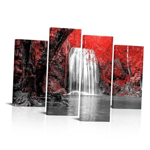 4 Pieces Red Tree and Waterfall Pictures Wall Decor Burgundy Red Nature