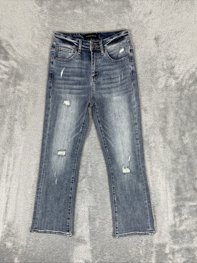 Risen Jeans Women's 3/26 Blue Bootcut Distressed Stretch Denim Ankle Casual