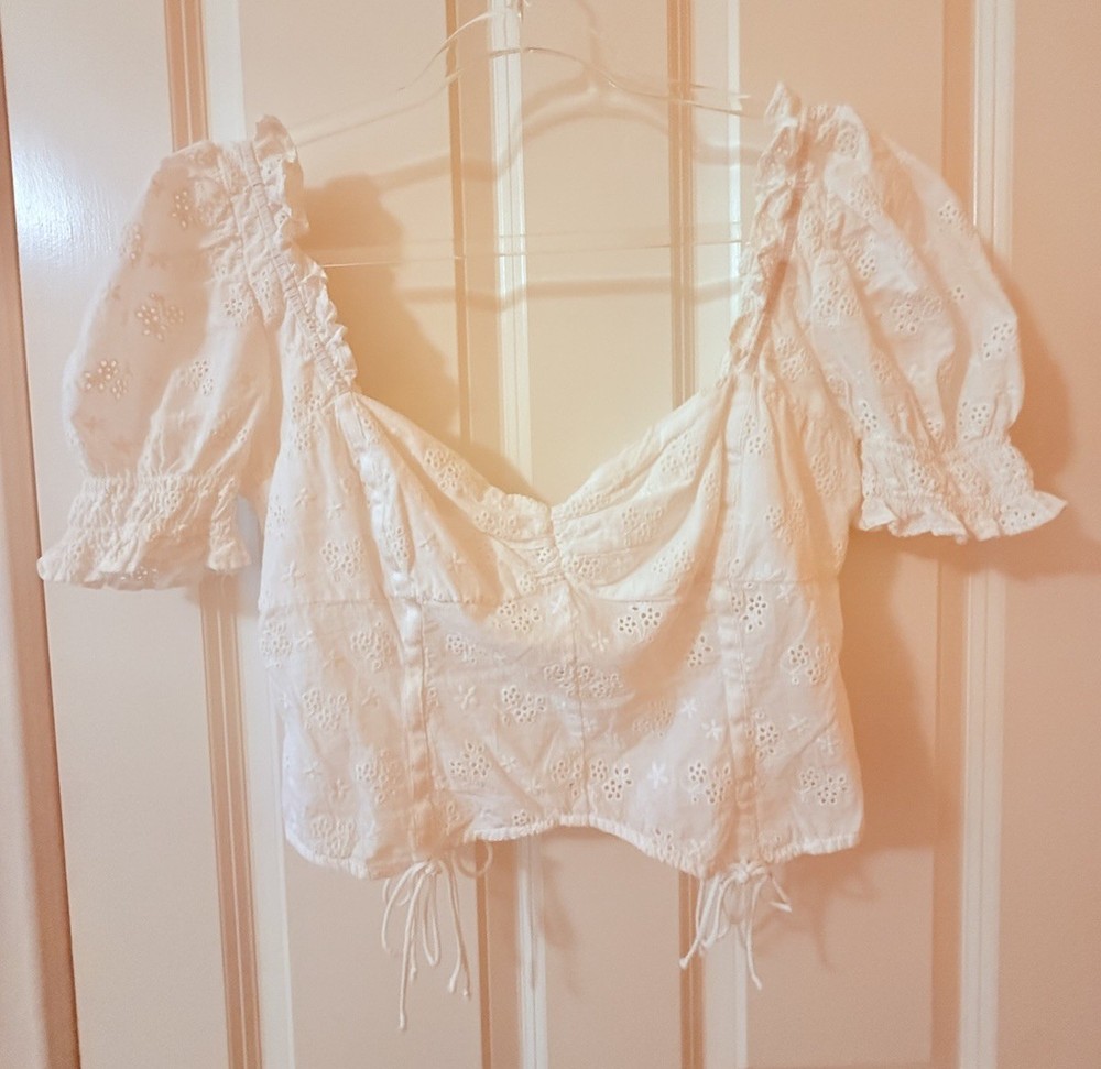 For Love & Lemons Eyelet Crop Top L White Puff Sleeve Tie Shoulder Lace Up