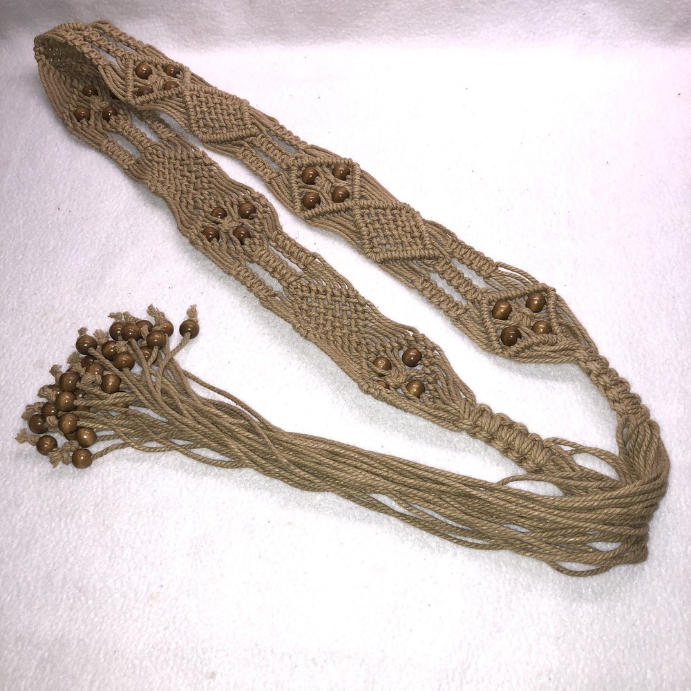 Vintage Macramé Tan Cotton Cord Fringe Wooden Beads Boho Hippy Belt 70