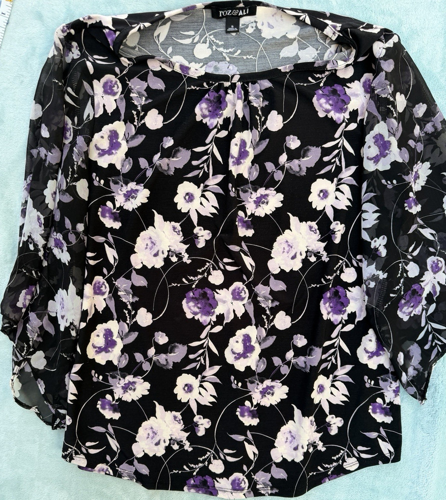 Roz And Ali Women's Black Purple Floral Chiffon Blouse 3/4 Sleeve Size S