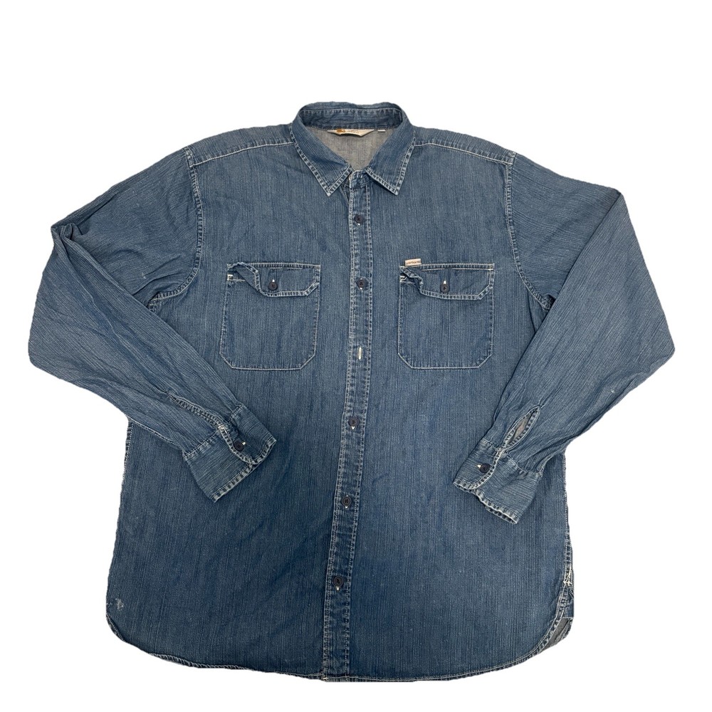 Vintage Carhartt Denim Shirt Mens XL Western Pearl Snap Rugged Workwear 90s
