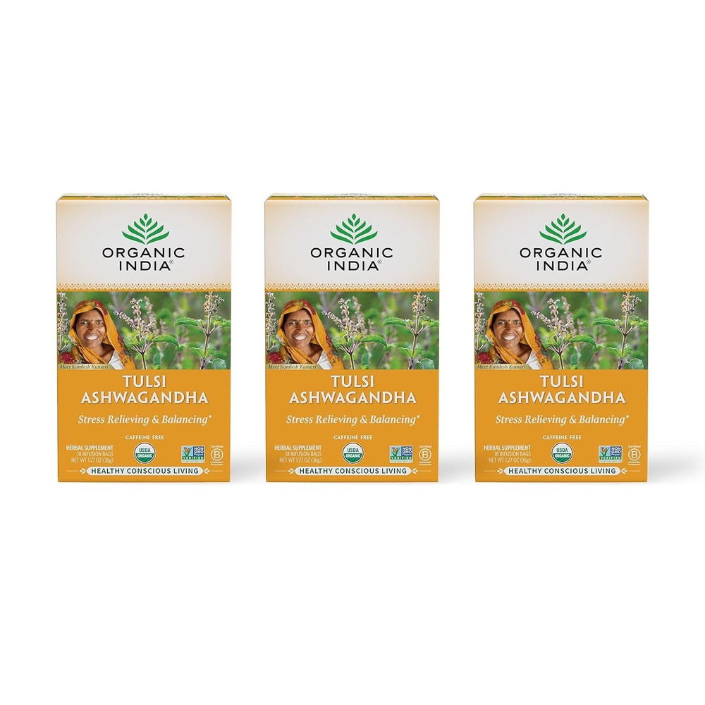 ORGANIC INDIA Calming Tulsi Ashwagandha Herbal Tea - 18 Count (Pack of 3)