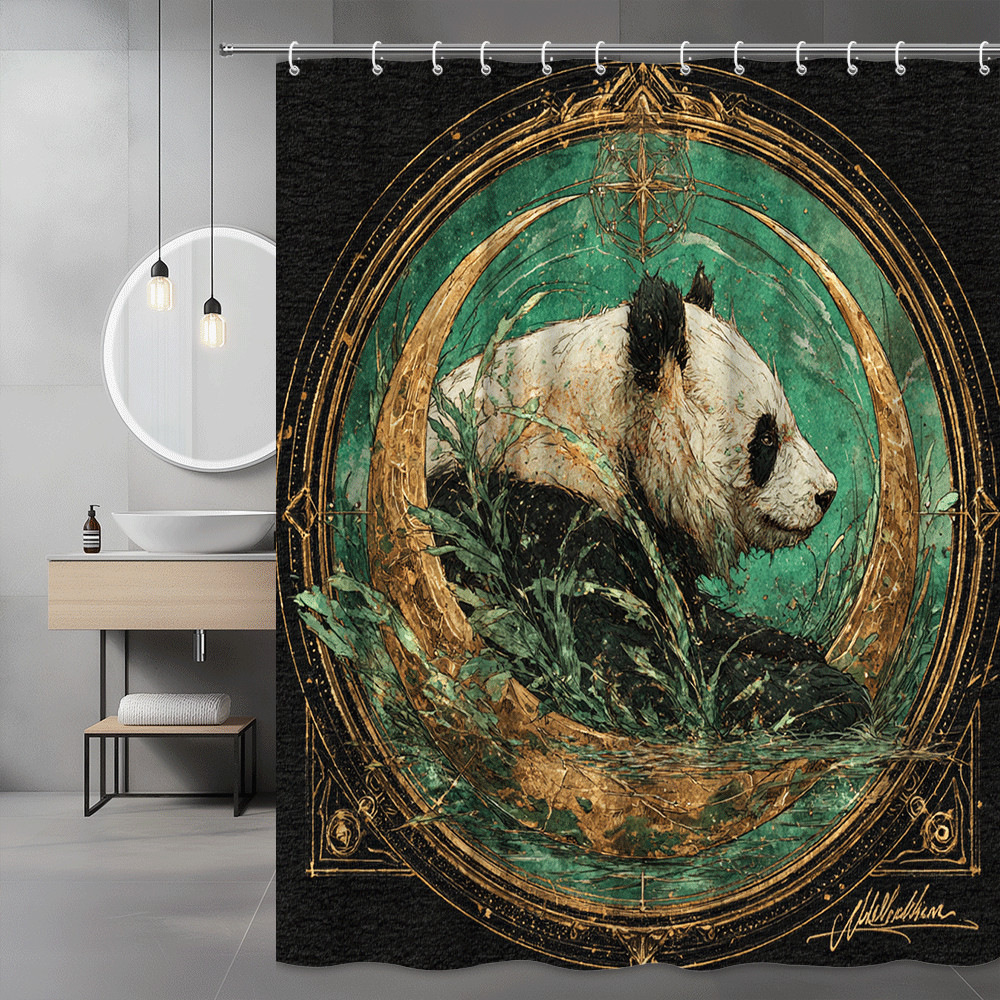 Panda Shower Curtain Black Green Gold Graphic Print