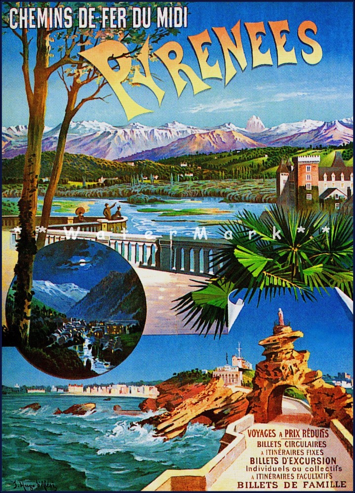 Pyrenees Mountains 1900 France Spain Vintage Poster Print Travel Resort Tourism