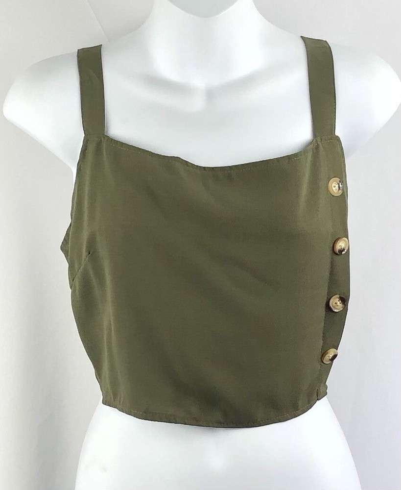 Vintage Cropped Tank Halter Top L Green Strappy Buttons Cami Y2K 90s Boho Grunge