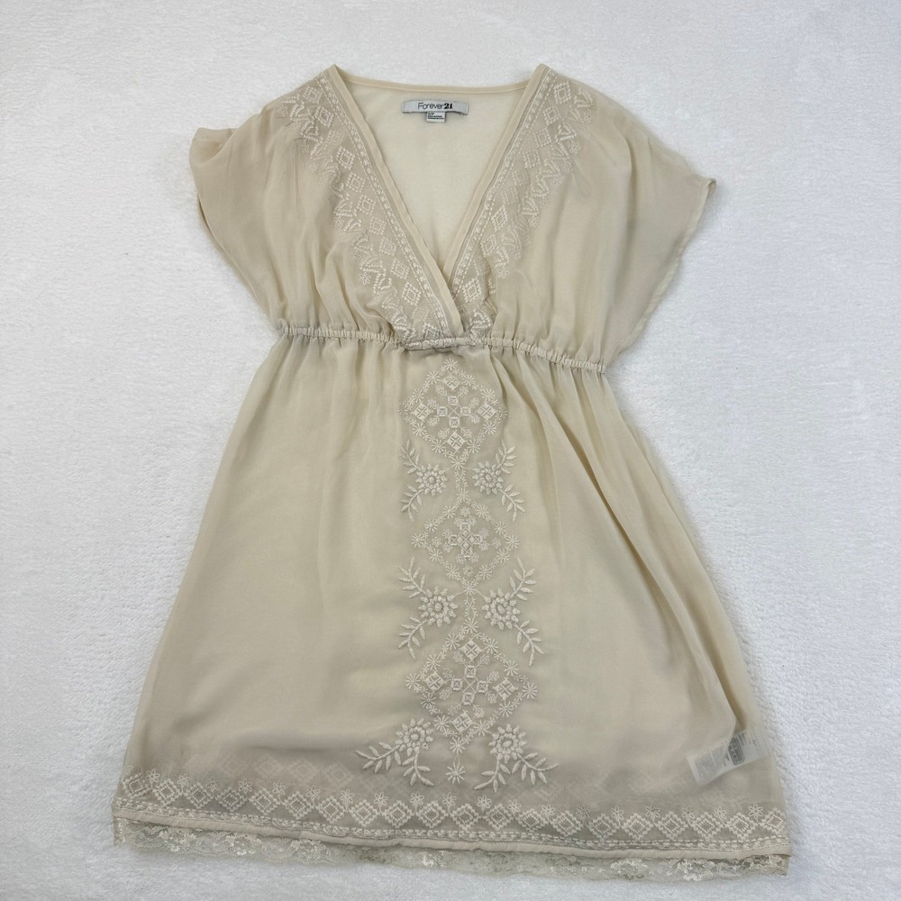 Forever 21 Embroidered Sheer Longline Tunic Small Cream Boho Indie Festival