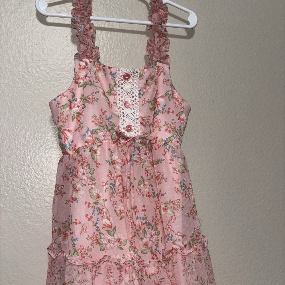 Anna Michelle Girls Size 10 Pink Floral Ruffle Sleeveless Dress Lace Detail