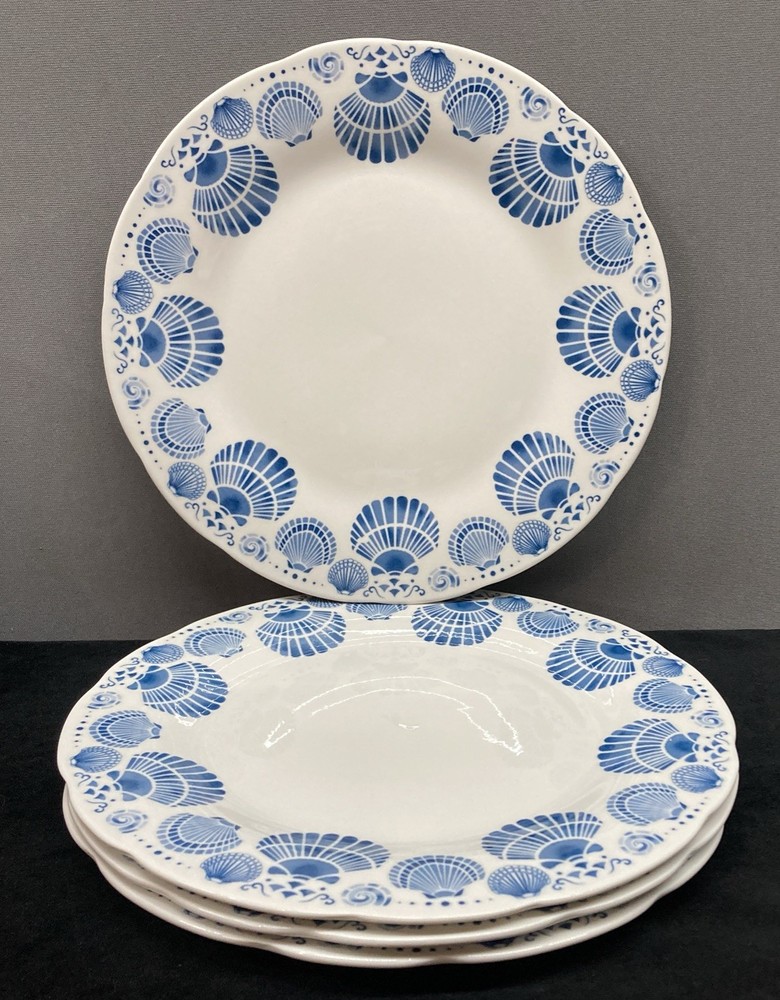 Royal Norfolk Blue Sea Shell Scalloped Dinner Plates 10.5” Set of 4