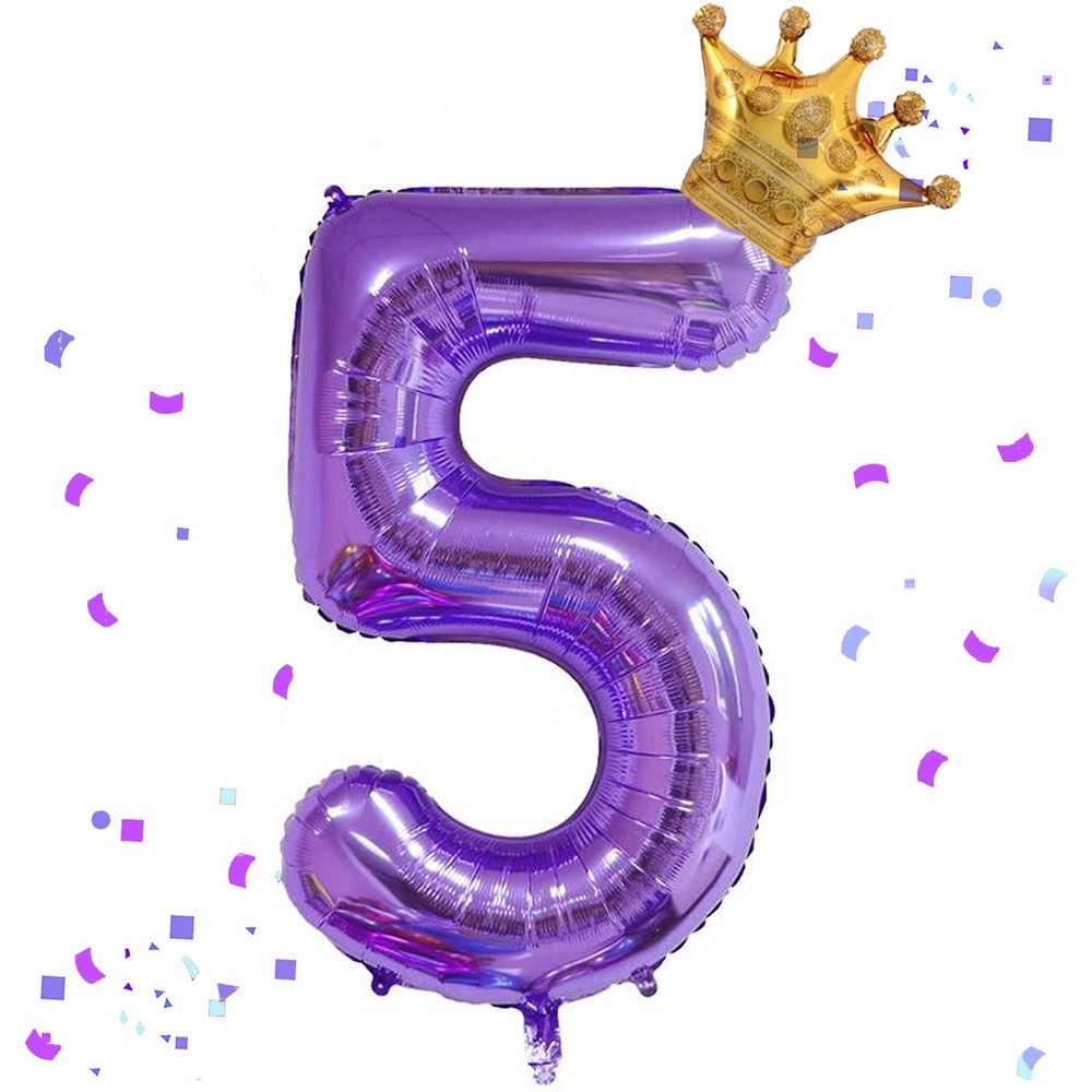 40 Inch Purple Number 5 & Mini Crown Balloon for Birthday Party, 5th Birthday...
