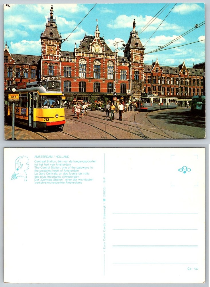 Amsterdam Centraal Station Holland Tram 713 Vintage Postcard Euro Color Cards