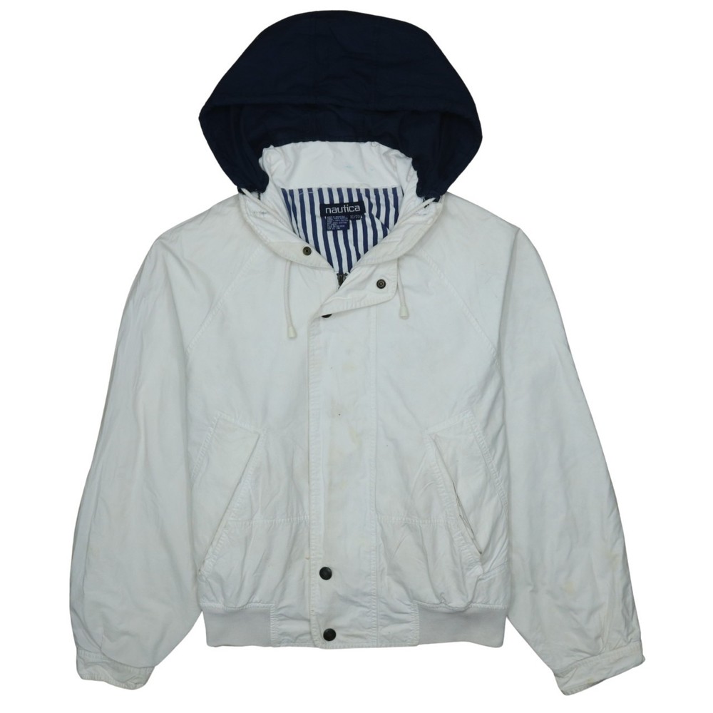 Nautica Mens Windbreaker Jacket White Hooded Full Zip Pockets Embroidered XL