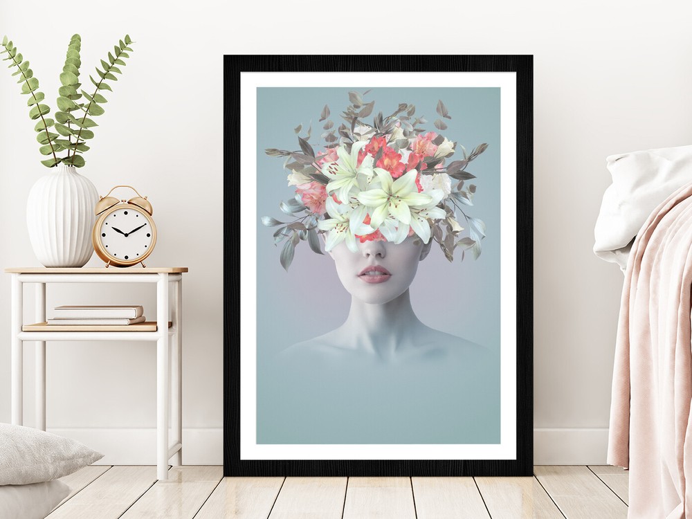 Young Woman With Flowers Abstract Glass Framed Wall Art, Ready to Hang-image