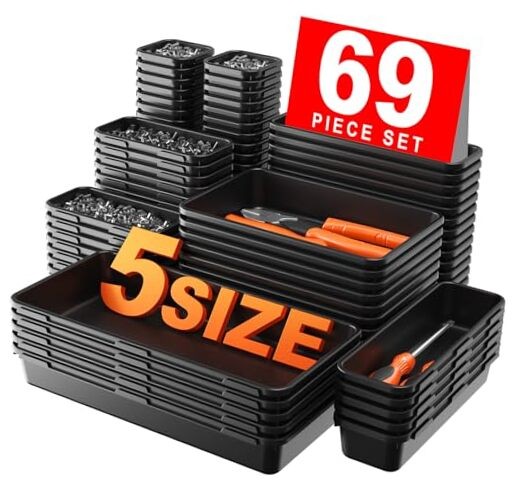 69Pcs Large Tool Box Organizer Tray Set with 5 Size Dividers in Black