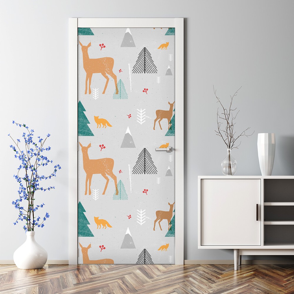 Removable Self-Adhesive Deer Forest Animal Pattern Door Sticker for Kids Room Decor