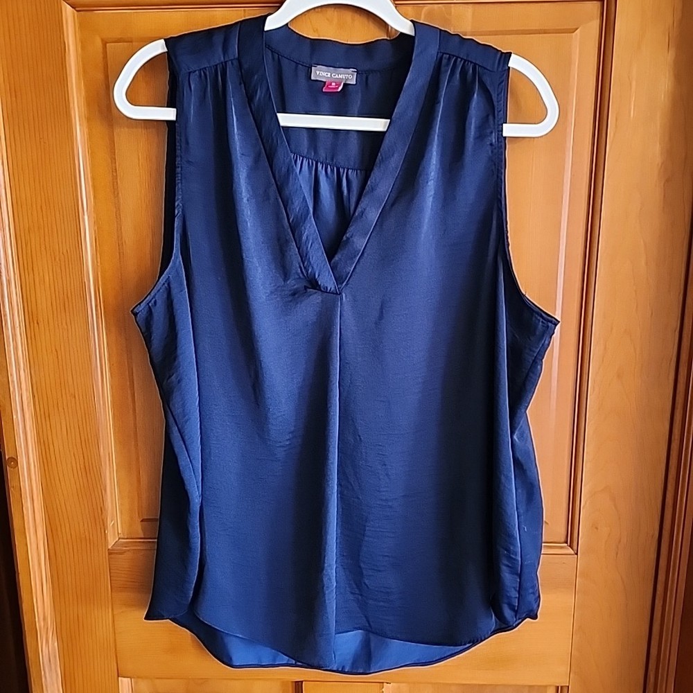 Vince Camuto Blouse Womens XL Blue Sleeveless V Neck High Low Top