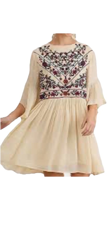 Umgee Ivory Floral Embroidered Boho Mini Tunic Dress size M Cottagecore Festival
