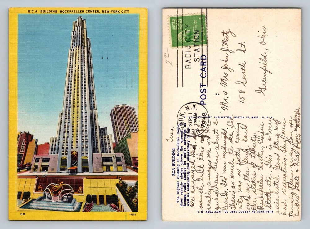 New York City NY, RCA Building Rockefeller Center Vintage c1948 Postcard
