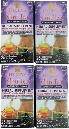 NEW 4-pack Hyleys Slim Tea NO GMO Acai Berry 100% Natural 25 tea bags-image