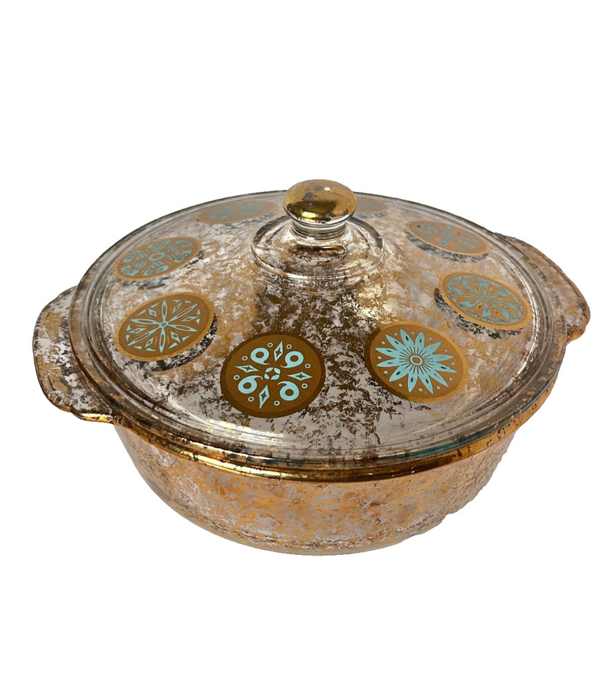 Fire-King 2 Qt Gold Foil Atomic Starburst Casserole Dish w/ Lid Turquoise & Gold