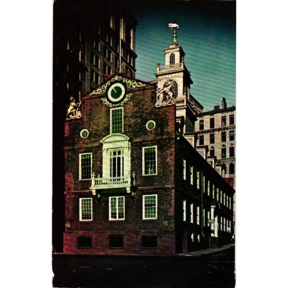 VTG Old State House Boston Massachusetts Plastichrome Postcard P926 Night View