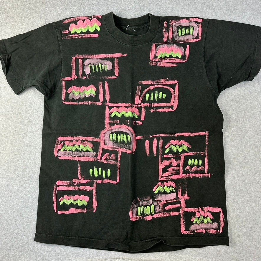 Vtg Black Graphic T Shirt Men's Abstract Neon Pink Green Print Short Sleeve Tee-image