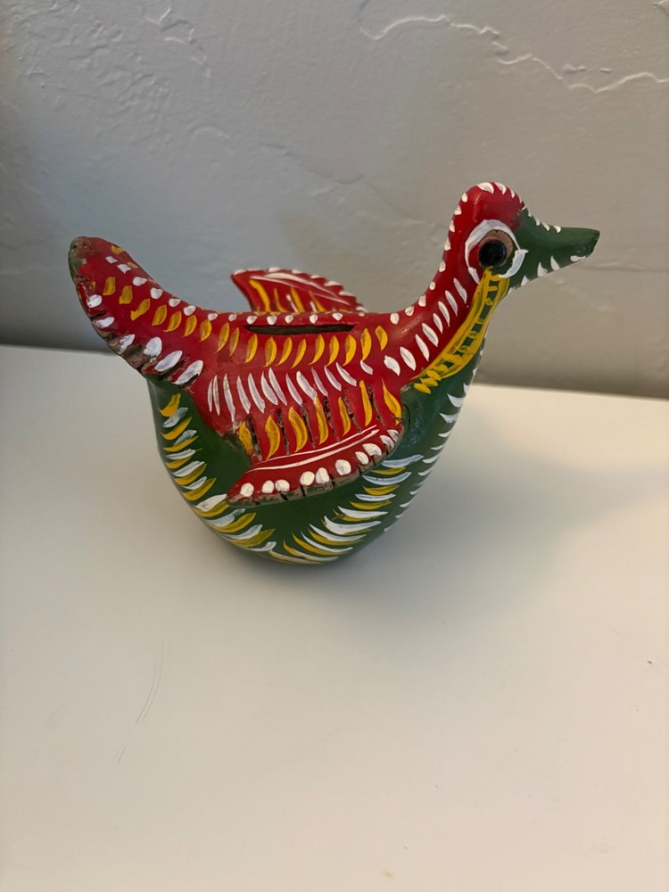 Vintage Mexican Pottery Bird Coin Piggy Bank Folk Art Hand Painted