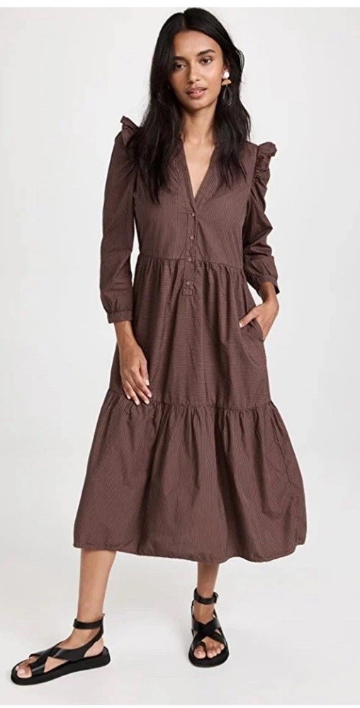 Nation LTD Dalia Victorian Midi Dress Puff Sleeve Pima Cotton In Brown Size S