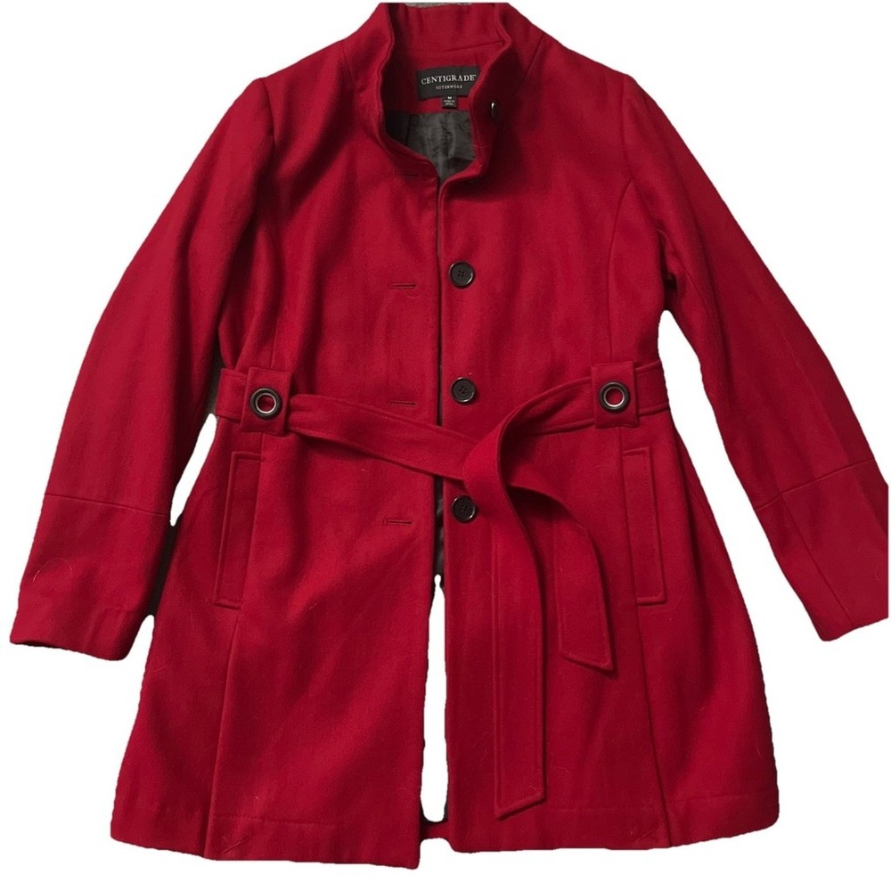 Centigrade Women’s Wool Blend Funnel Neck Red Coat w/ Buttons & Belt Tie M NWT