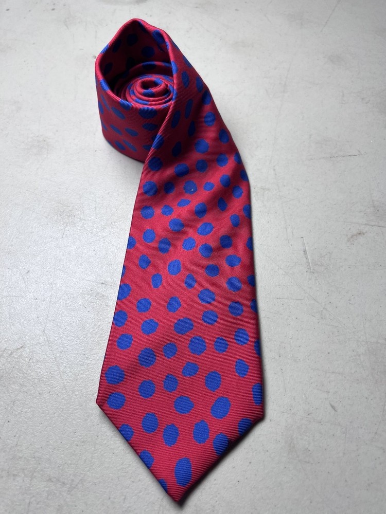 SULKA Tie Men's Red Blue Polka Dot Silk Necktie Made in France