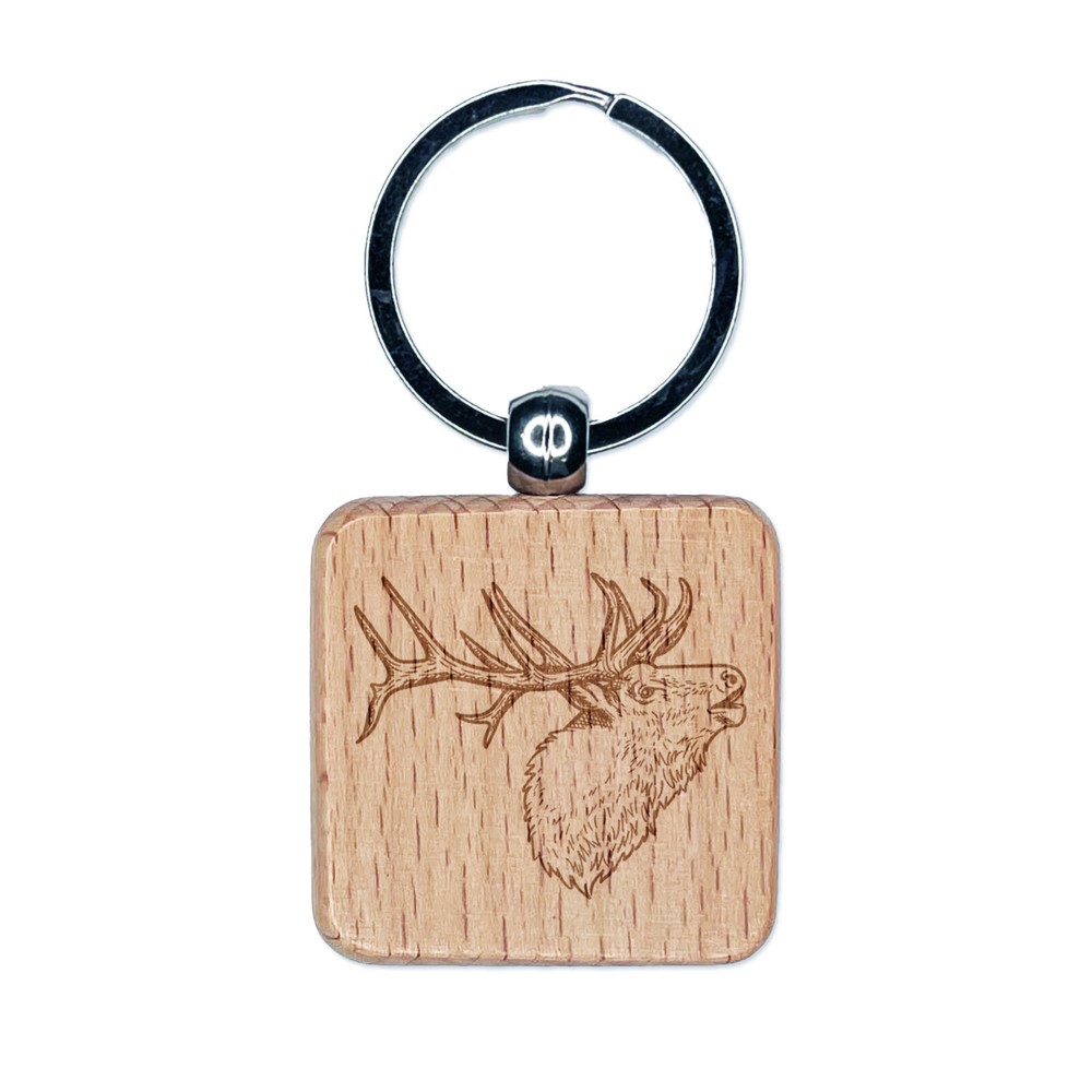 Elk Calling Out Engraved Wood Square Keychain Tag Charm
