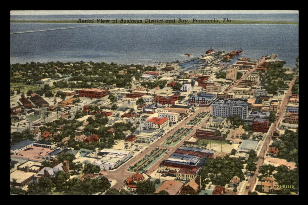 Aerial View Business District And Bay Pensacola Florida FL A Unp Postcard Linen