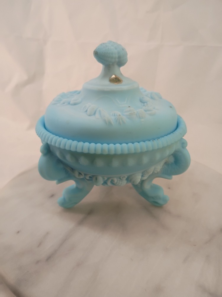 VTG Westmoreland Frosted Blue Opaline Dragon Footed Candy/Trinket Glass Dish