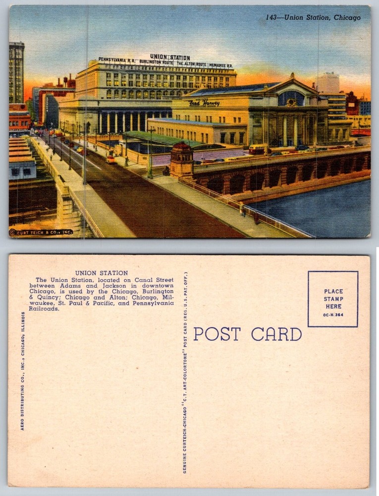 Chicago Union Station 1940 Curt Teich Art-Colortone Postcard Railroads