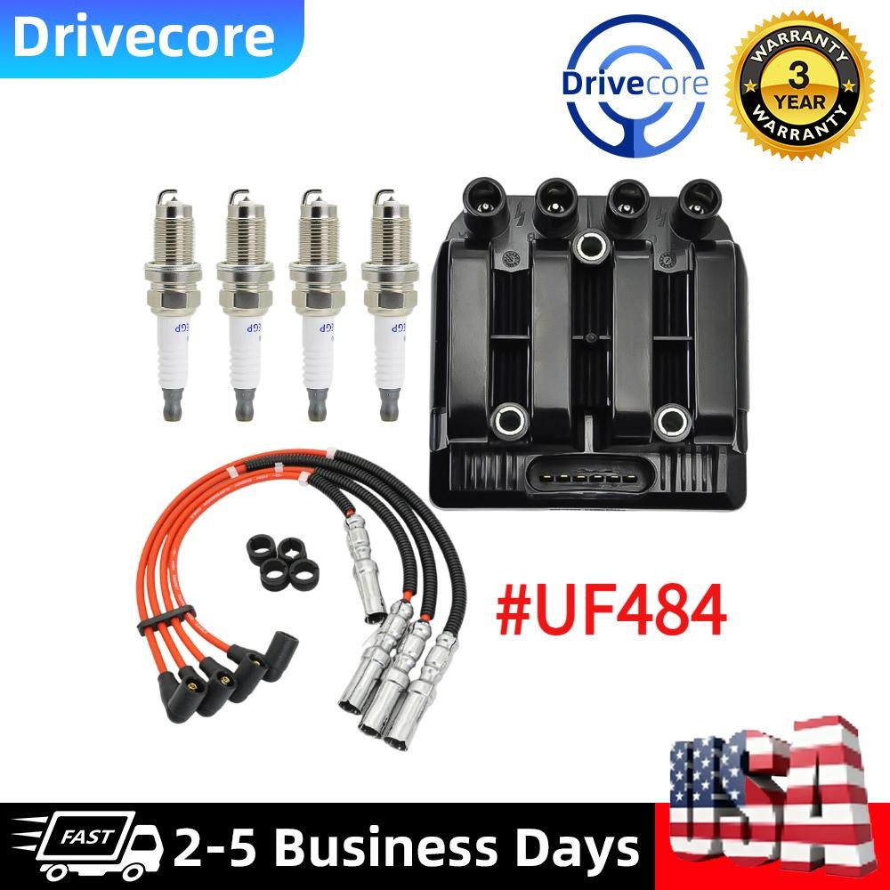 UF484 Ignition Coil +4 Spark Plugs + Wires For Jetta Beetle Golf Clasico 2.0L