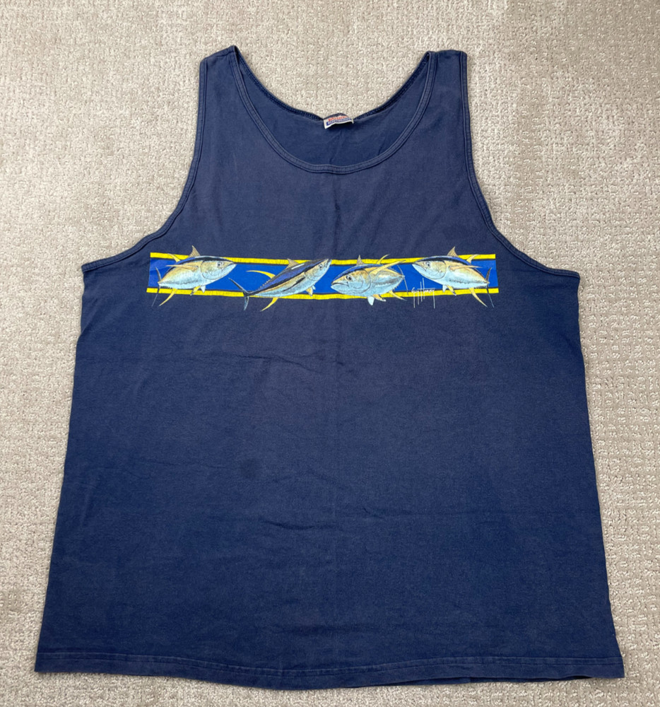 Vintage Guy Harvey Tank Top Mens Large Faded Blue Fishing Wrap Around Print 90s