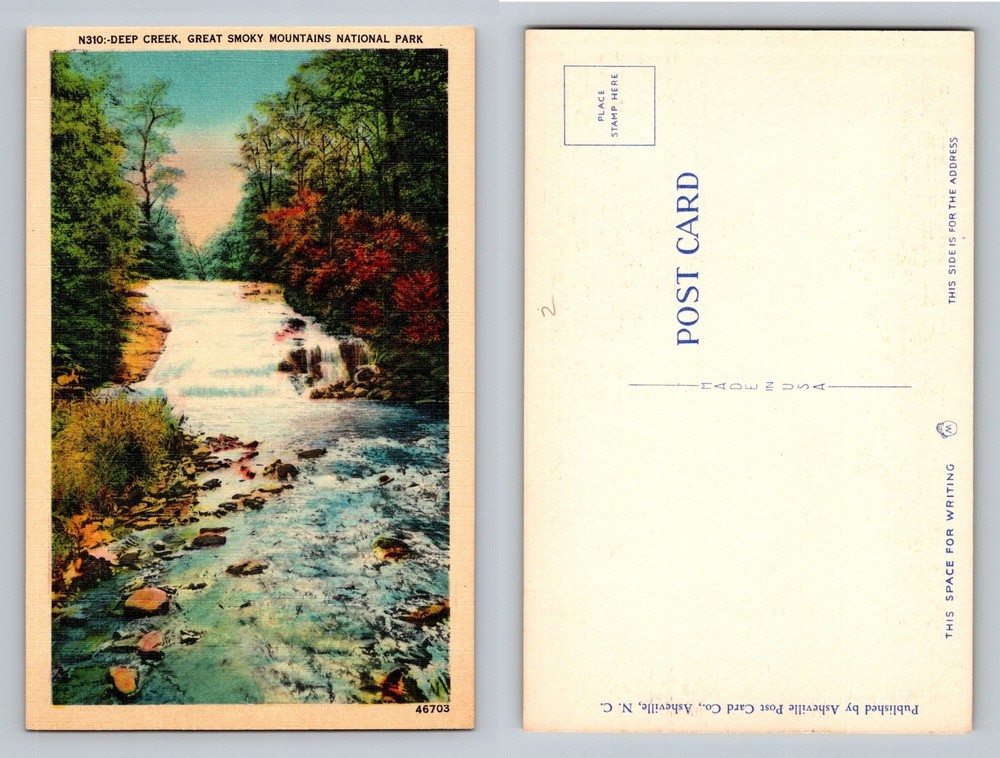Great Smoky Mountains NC, Deep Creek Waterfall Scenic View, Vintage Postcard