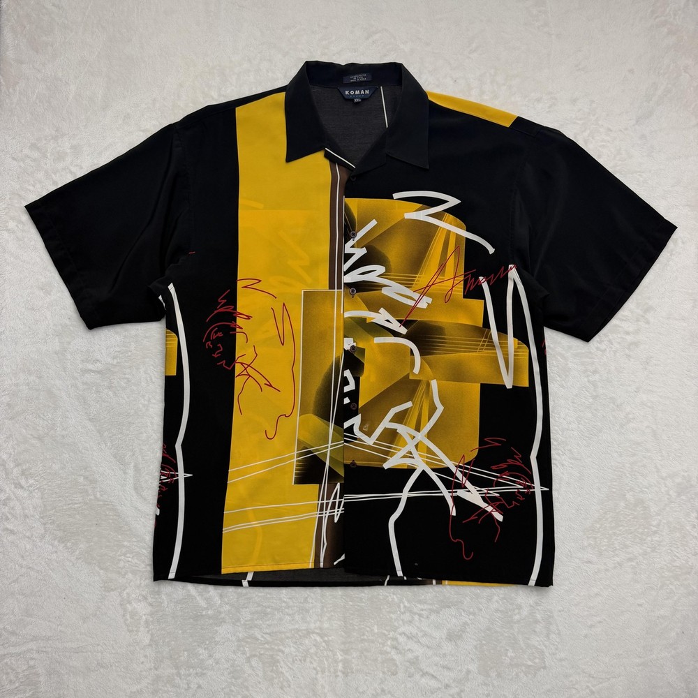 Vintage Koman Shirt Mens 2XL Black Yellow Abstract Graphic Button Up Y2K-image