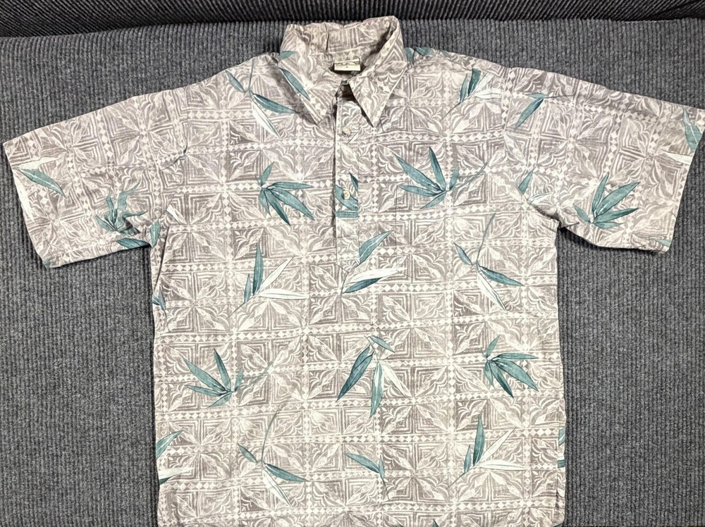 Go Barefoot Shirt Mens Large Leaf Print Reverse Button Up Pop Over Made USA Vtg