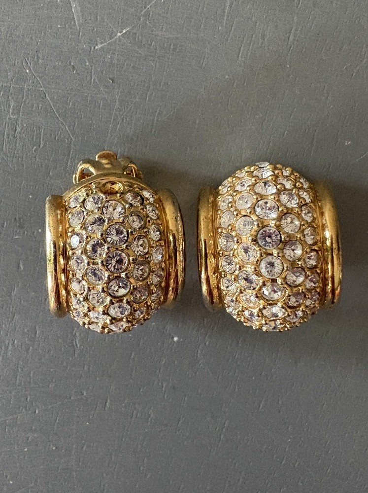 Vintage Swarovski Clip-On Earrings Pave Rhinestone Gold-Tone Statement Jewelry