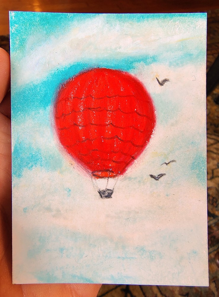 ACEO Original Art Red Hot Air Balloon In Oil Pastel By Dinah Rau