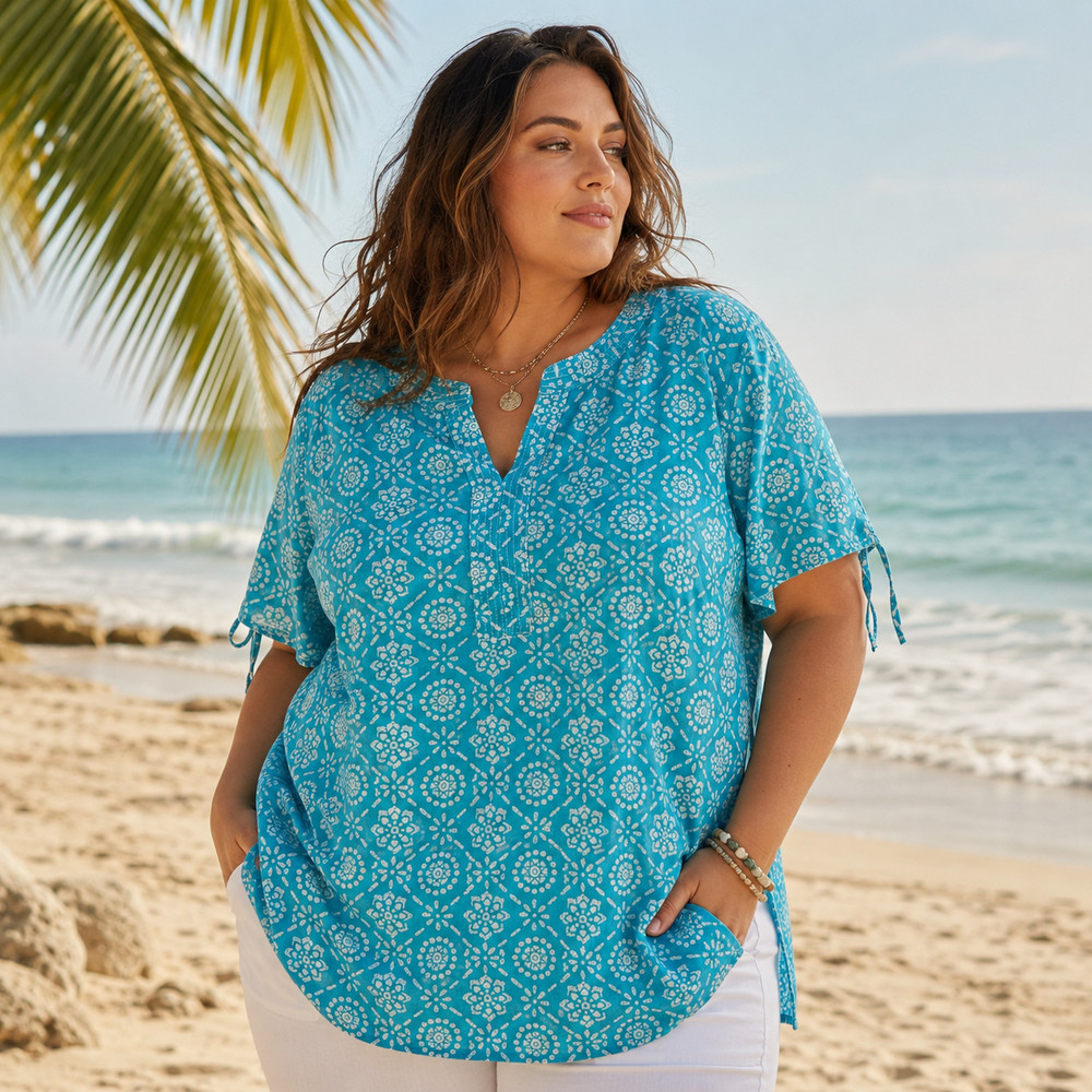 Talbots Woman Turquoise White Medallion Print Tunic Top Plus Size 2X Boho Beachy