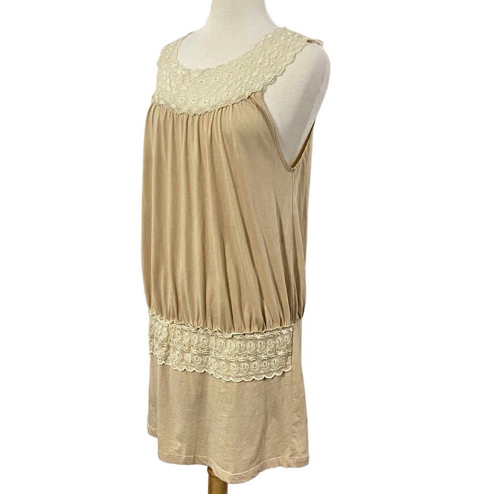Newport News Vintage Dress Women's 90's Y2K Lace L Drop Waist Mini Jersey Beige