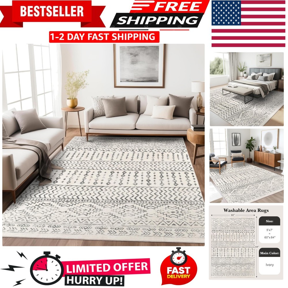 5x7 Area Rug Living Room Washable Boho Rugs with Non Slip Backing Large Soft