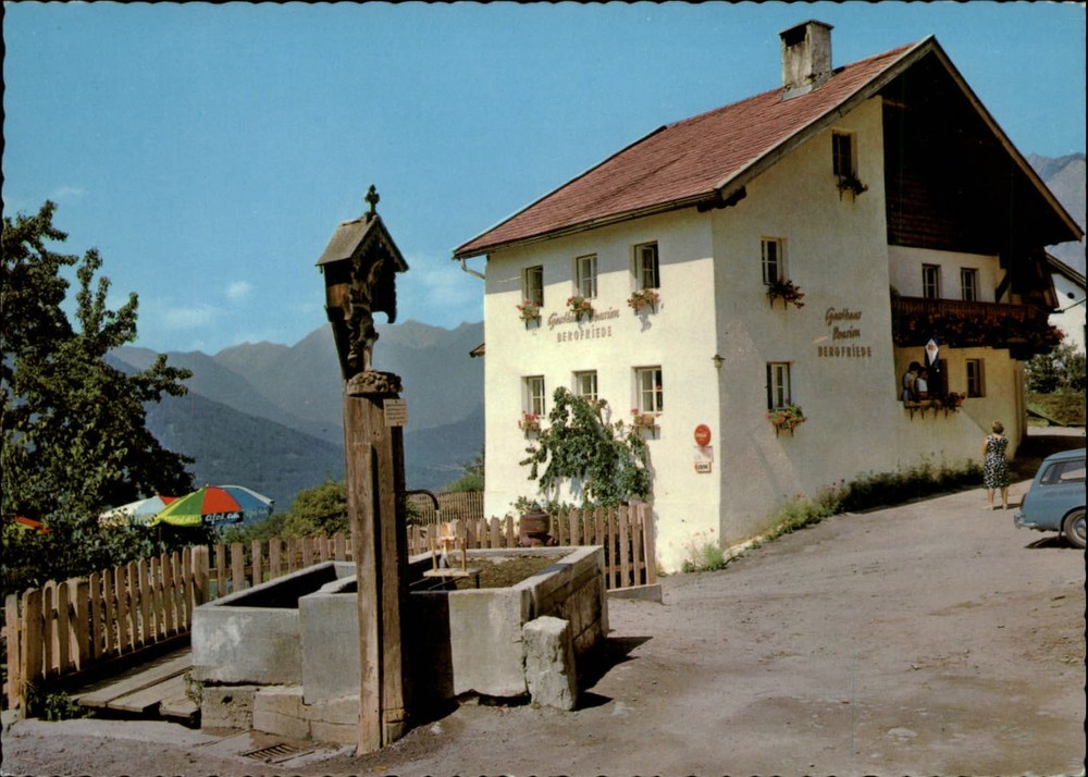 Austria Tirol Otz Gasthaus Bergfriede inn flowers well pump ~ postcard sku389