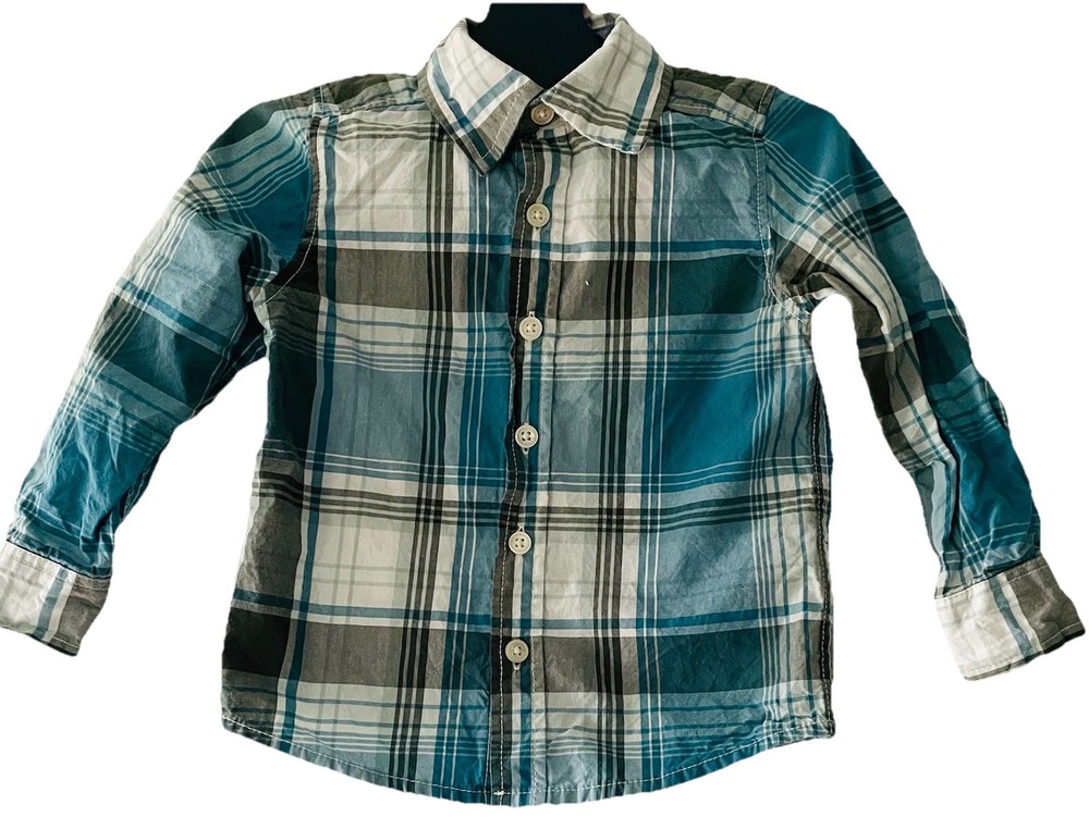 Oshkosh Boys Toddlers Size 2T Button Down Blue Plaid Long Sleeve Cotton Shirt