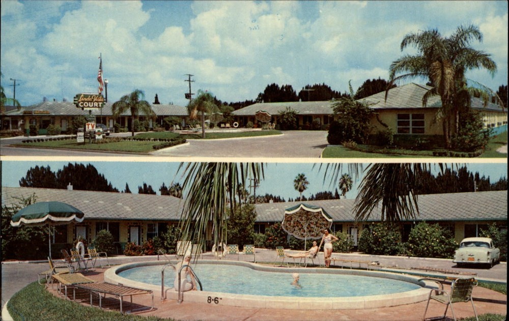 Linda Vista Motel ~ St Augustine Florida ~ pool multi view ~ 1950s car swimsuits