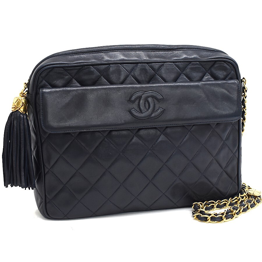 CHANEL Navy Matelasse Leather Shoulder Bag with Gold Chain & Tassel
